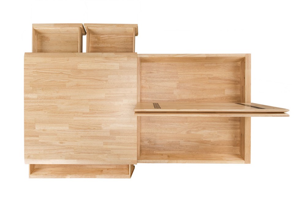 Top-down view of the UPLIFT Craft Table with empty drawers and an open hinged compartment.