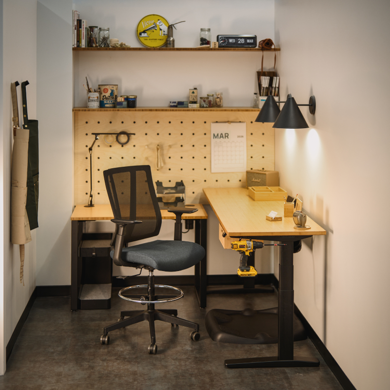 The Clarksville Ergonomic Drafting Chair in a small workshop.