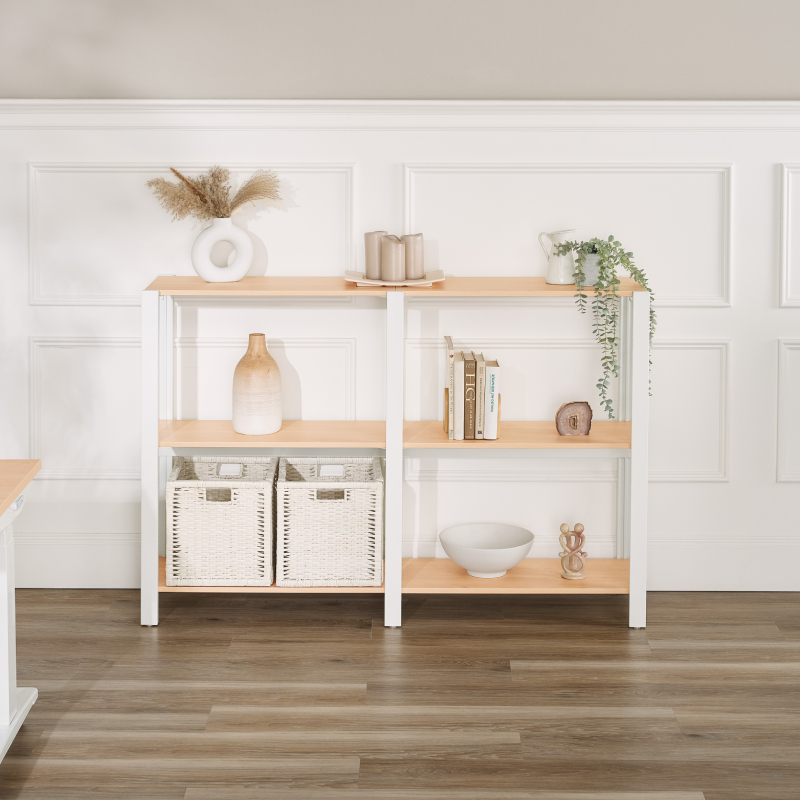 Maple Sequence Shelves on a white frame.