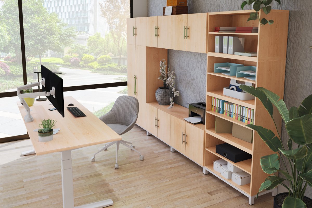 MoPac Credenza paired with an UPLIFT Desk standing desk.