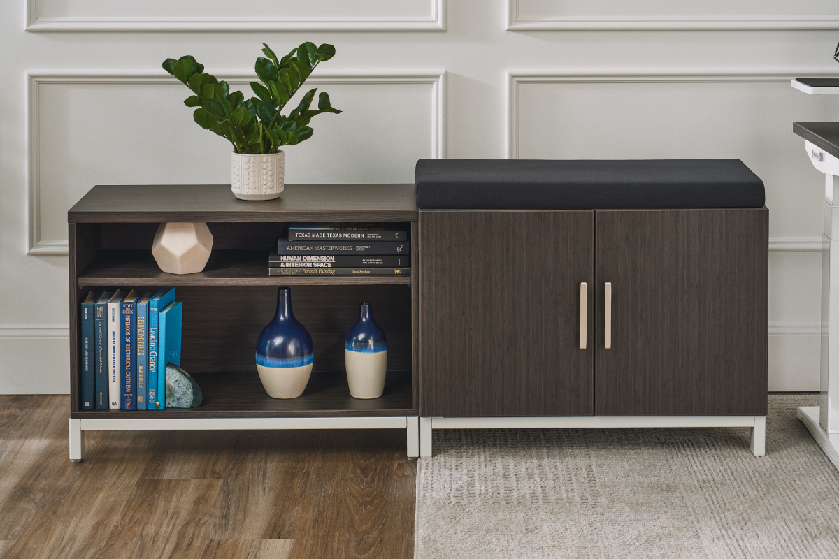 MoPac Credenza beside an UPLIFT Desk standing desk.