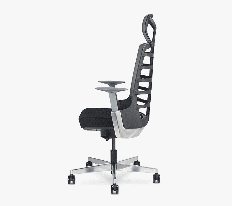 Animation of an ergonomic chair leaning back with the synchro-tilt mechanism causing the seat and back to recline at a 2:1 ratio