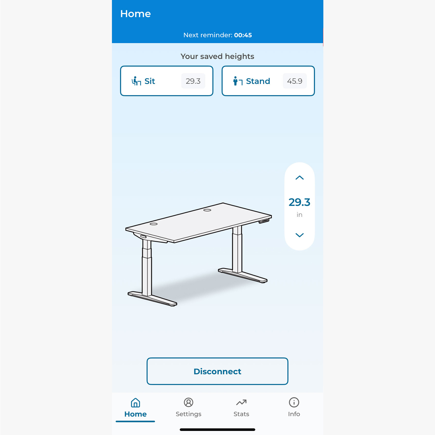 The UPLIFT Desk App screen for saving preferred sitting and standing desk heights.