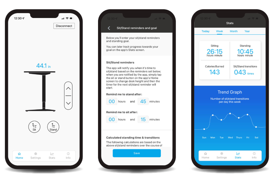 Three UPLIFT Desk App screens showing desk control, sit and stand reminders, and stats.