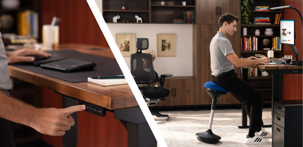 Split image: Hand adjusting height of wooden standing desk, person working at elevated desk seated on a Motion Stool by UPLIFT Desk
