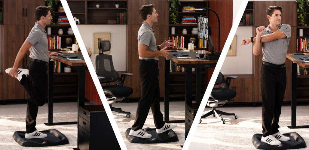Three-panel sequence showing person: stepping on anti-fatigue mat, working while standing, and stretching at workstation