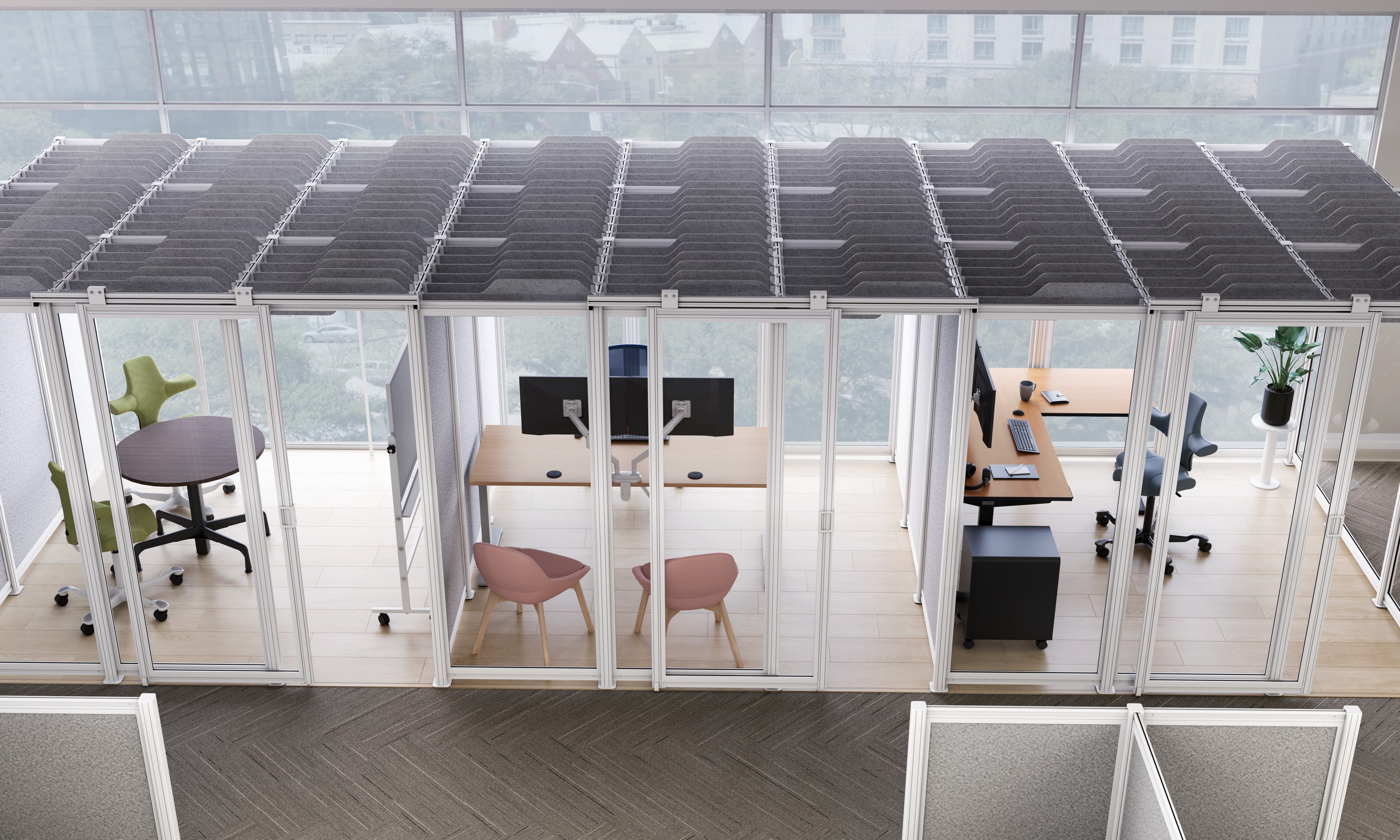 spaces room configuration designed by UPLIFT Desk featuring ergonomic furniture and standing desks