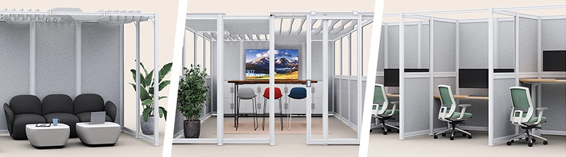 UPLIFT Desk’s Spaces Wall System showing three configurations: Cove, Room, and Focus Space.