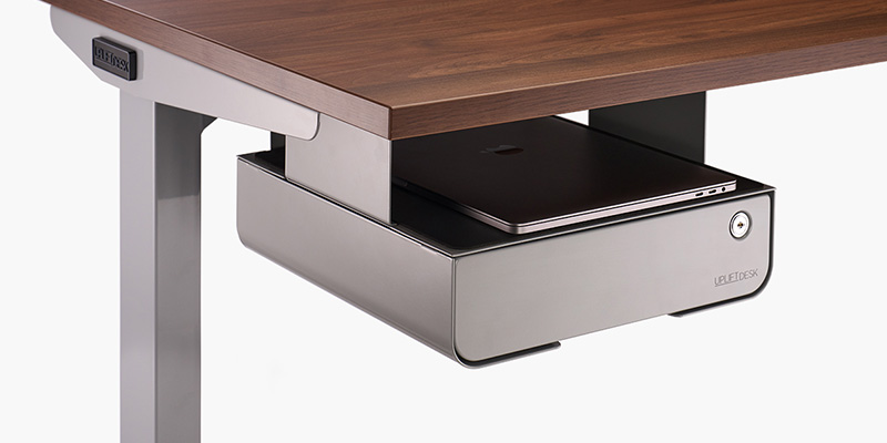 Desk Drawer by UPLIFT Desk in gray supporting a laptop with the versatile padded shelf.