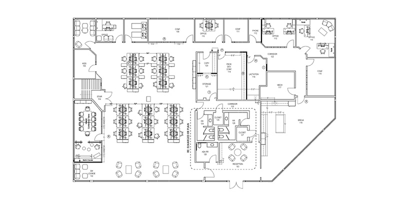 Line art drawing of a space plan by UPLIFT Desk