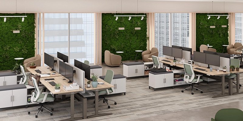 Office space fully outfitted with UPLIFT Desk business solutions, including desks, chairs, and storage.