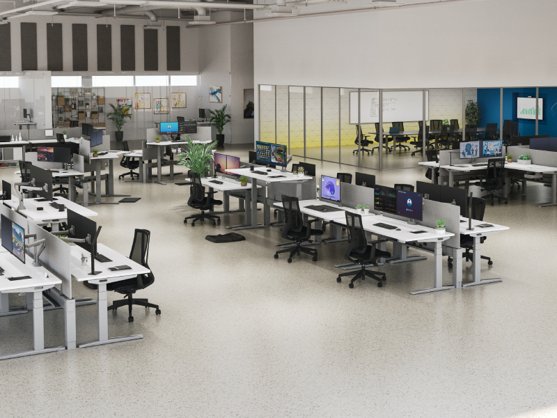 Full-floor office layout with coordinated workstations and collaboration areas