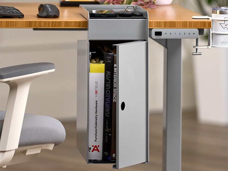 Hanging Storage Cubby mounted on front edge of standing desk