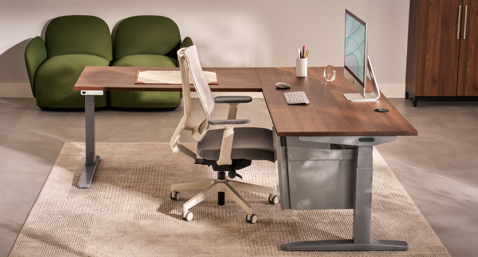 Deep Desk Drawer by UPLIFT Desk mounted under a standing desk in a modern workspace