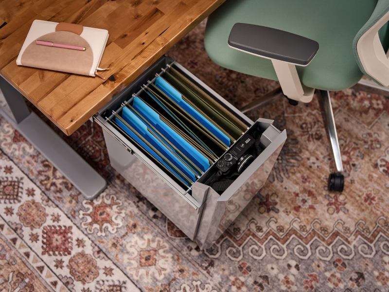 Deep Desk Drawer configured with hanging file folders on included hanger rails