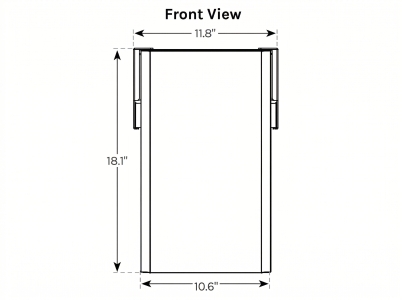 Front view line art of the Deep Desk Drawer showing height, tapered profile, and knee clearance design