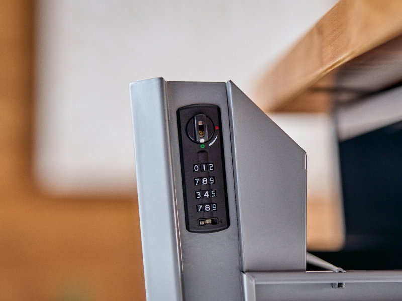 Close-up of the Deep Desk Drawer combination lock on the right side of the drawer face