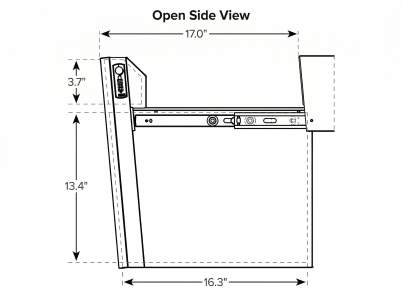 Open side view line art of the Deep Desk Drawer showing ball-bearing slides, full extension, combination lock, and compartment depth