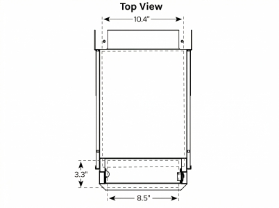 Top view line art of the Deep Desk Drawer showing the upper tray, main compartment, and overall footprint