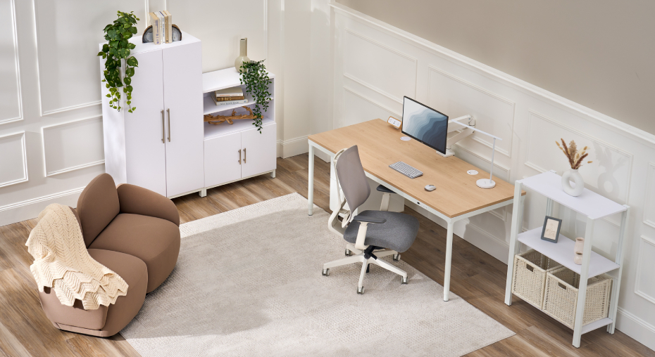 The UPLIFT Desk white office furniture ecosystem, featuring coordinated desks, monitor arms, cable management, and accessories.