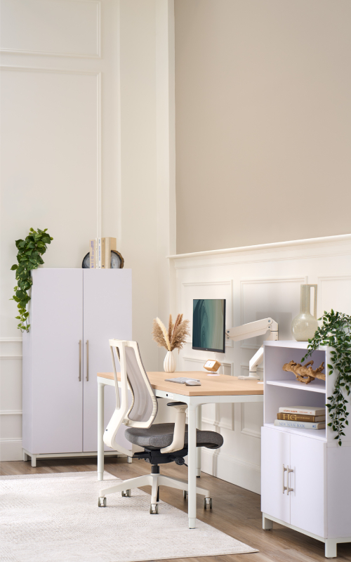 A configured UPLIFT Desk workspace featuring a white frame paired with a warm wood desktop and coordinated accessories.