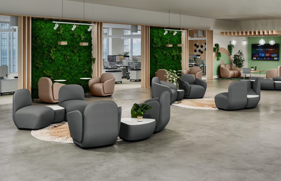A flexible office lounge space in use
