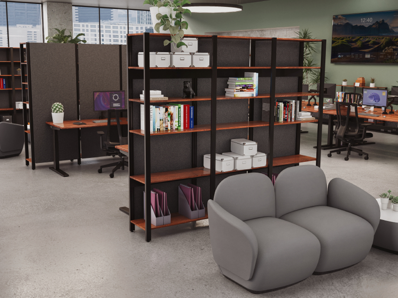 Sequence Shelving with PET acoustic panels creating partitions between office furniture in an open-plan workspace