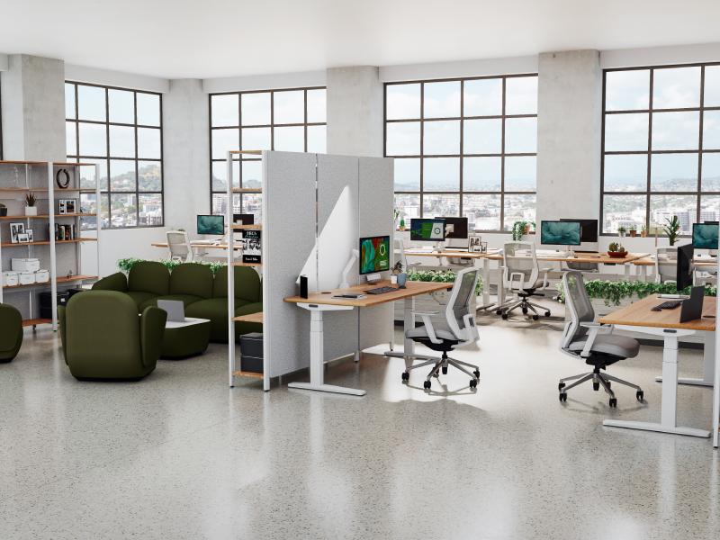 Sequence Shelving with matching finish alongside an UPLIFT standing desk in a unified office environment