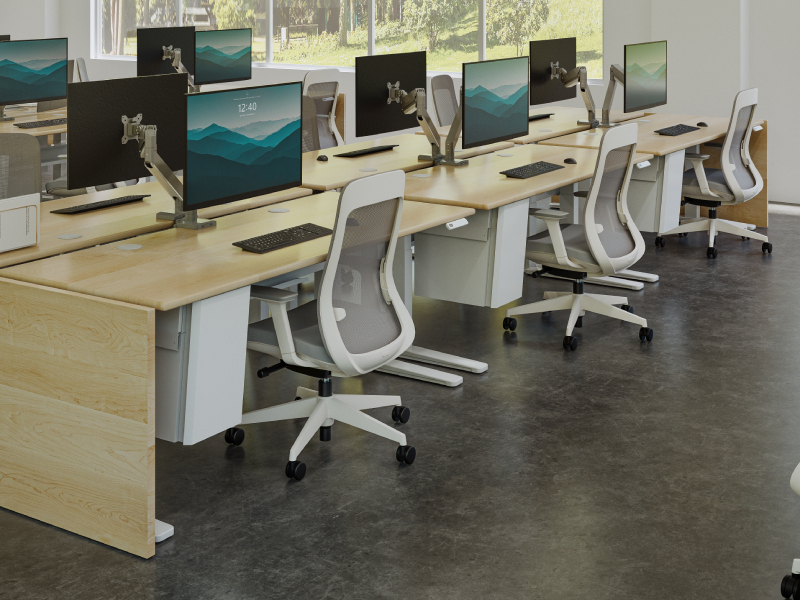 Under-desk drawers and modular cabinets keeping an open-office workstation organized