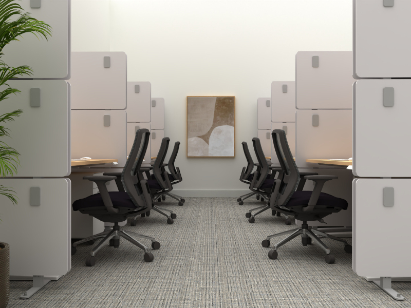 Acoustic privacy screens and sound-absorbing panels reducing noise in an open office