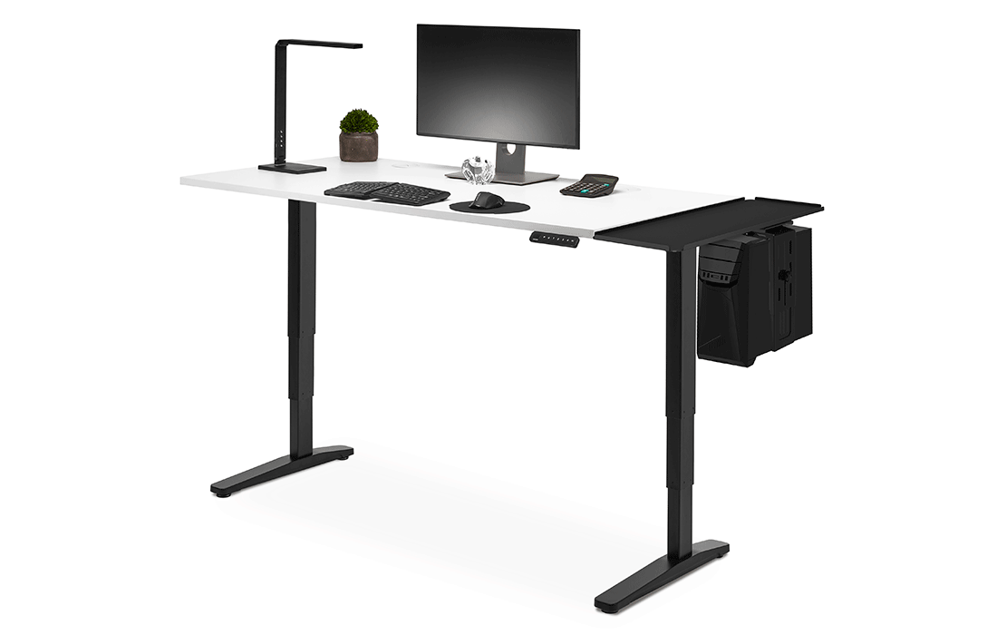 A GIF showing a CPU Holder mounted below and sitting on top of an UPLIFT Desk Extension