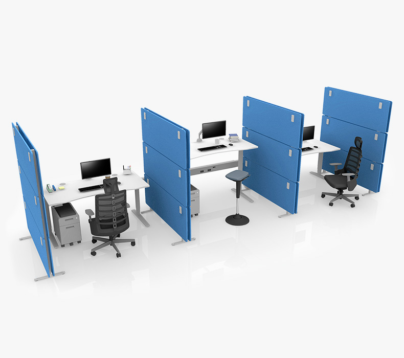 Socially distanced office layouts utilizing a combination of UPLIFT Desk and UPLIFT Acoustics products