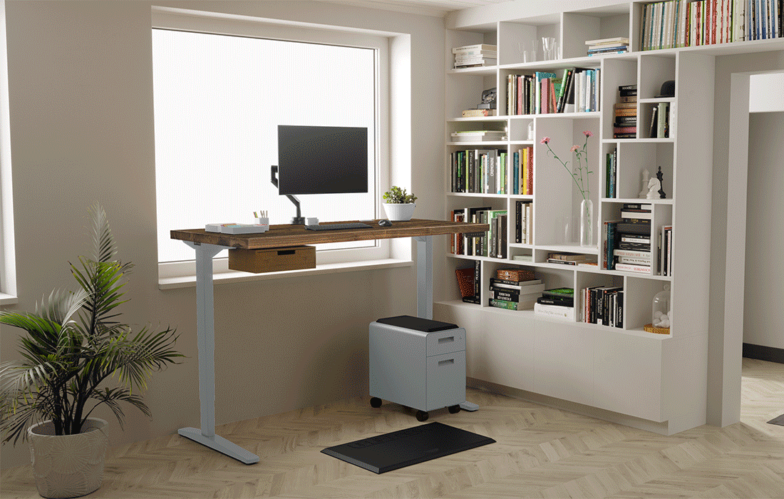 Reclaimed Fir Solid Wood desktop on an industrial style UPLIFT V2 Standing Desk frame