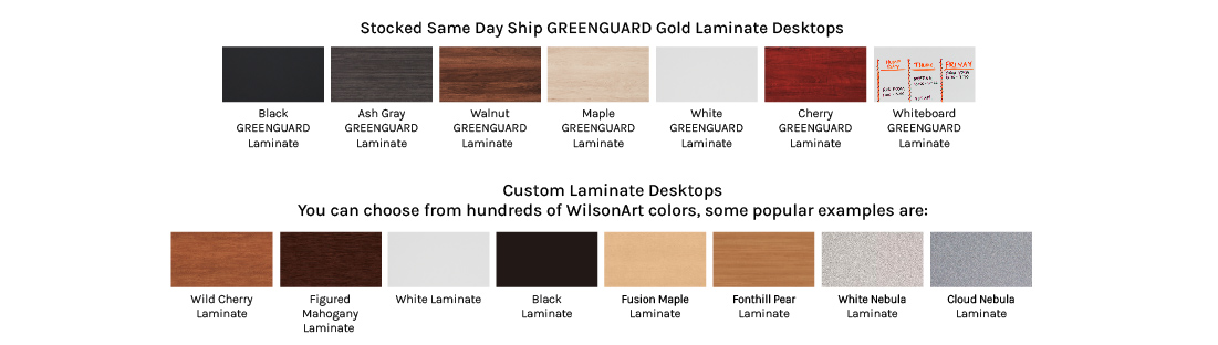 Seven GREENGUARD Gold Laminate Desktops by UPLIFT Desk and hundreds of Custom Laminate Desktops are available to order