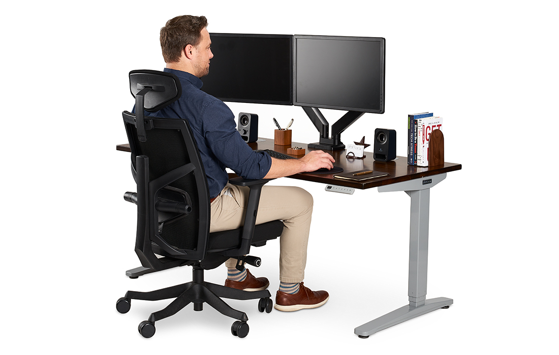 60 x 30 Dark Rubberwood Standing Desk with Crestview Dual Monitor Arm