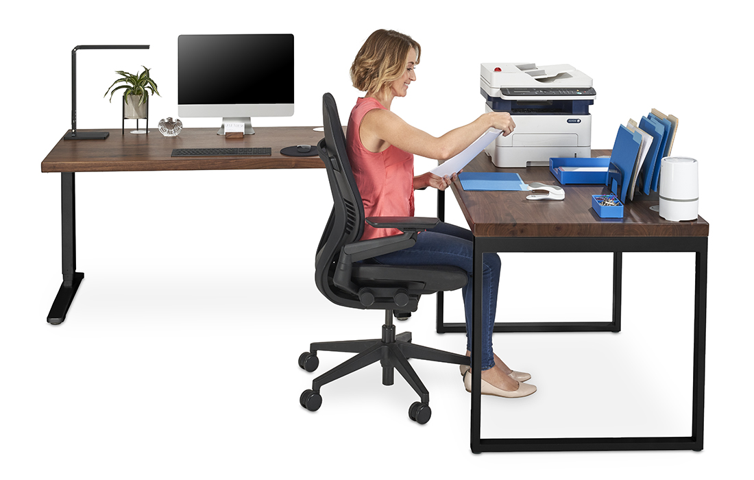 48 x 30 Walnut Solid Wood O-Leg Seated Height Side Table with matching UPLIFT Standing Desk