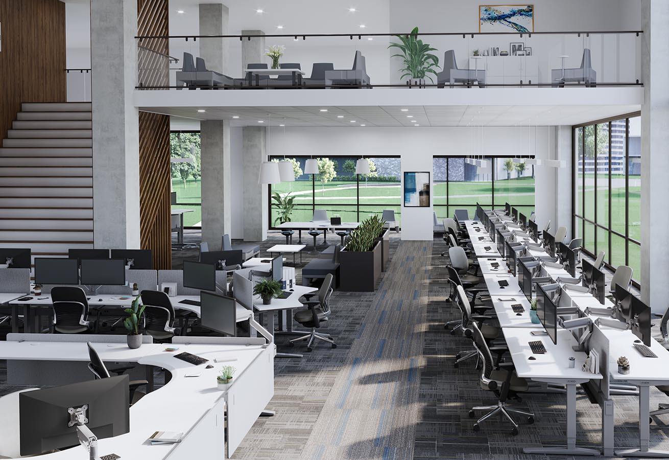 
            An open office floorplan of White Laminate UPLIFT 2-Leg and L-Shaped Standing Desks
            