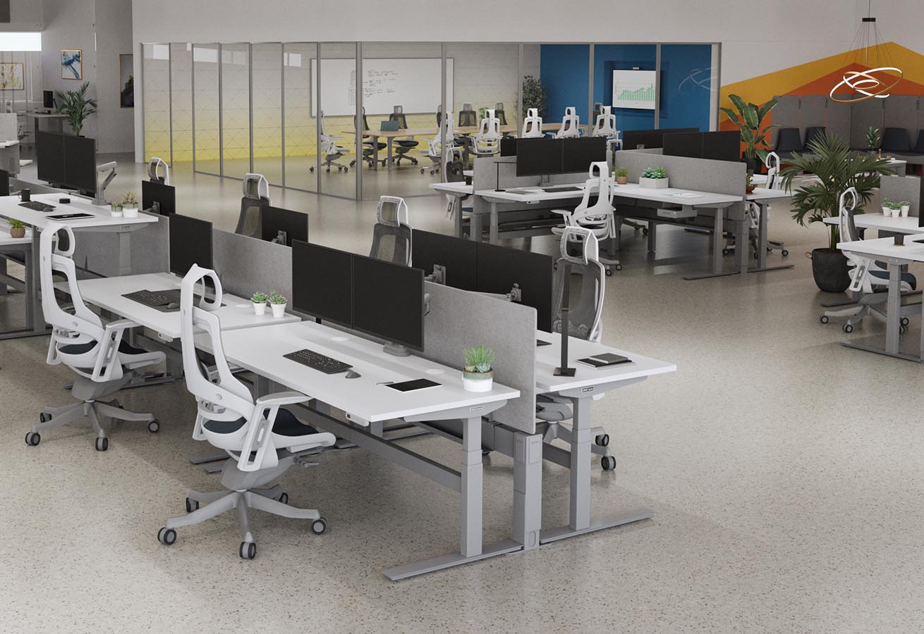 
            An open office floorplan with UPLIFT Desks in 4-Pack, 3-Pack, and Dual Sided Row configurations
            