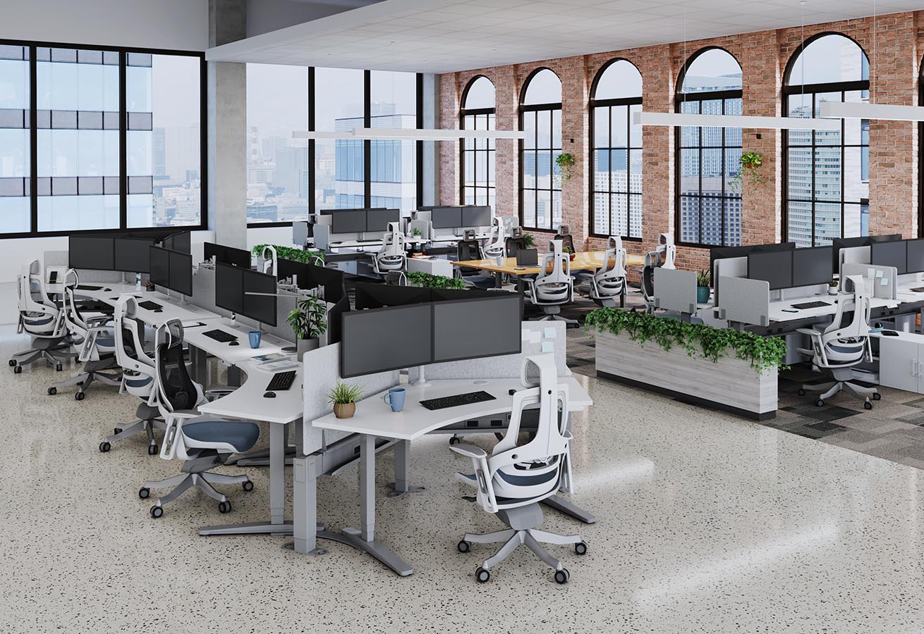 
            An open office floorplan of UPLIFT Desks in Dual Sided Row, Dogbone, and C-Shape configurations
            