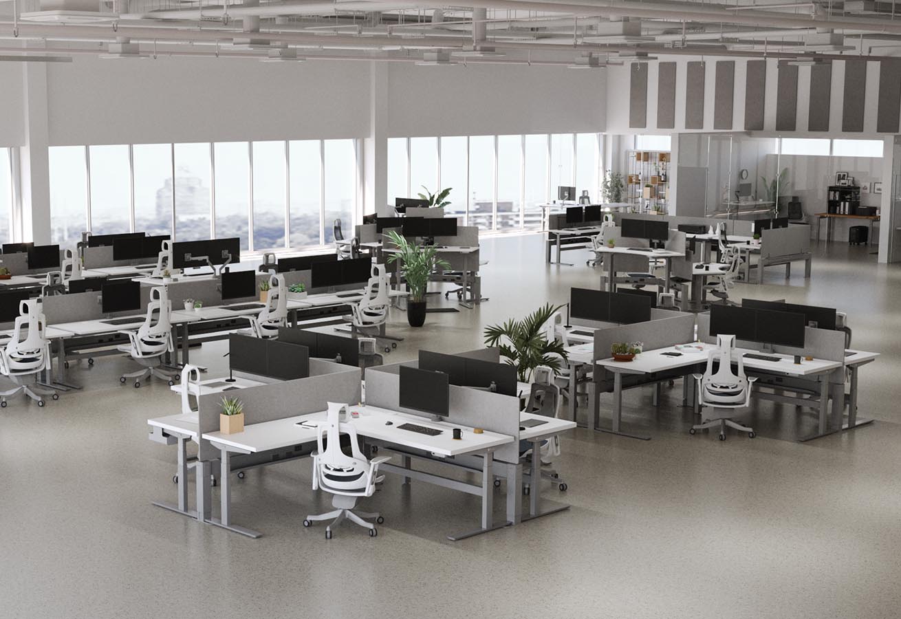 
            72 inch x 30 inch Maple Greenguard-Gold Laminate UPLIFT Standing Desks configured in a Dual Sided Row
            