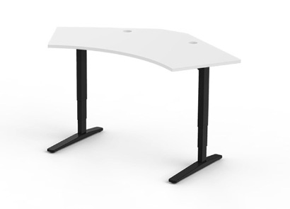 Ergonomic UPLIFT 120 Degree Sit-to-Stand Desk with black frame and White Laminate Desktop