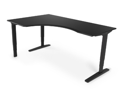 UPLIFT Curved Corner Height Adjustable Desk with black frame and Black Laminate Desktop