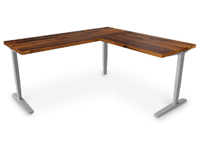 Height Adjustable UPLIFT L-Shaped Standing Desk with gray frame and Walnut Custom Solid Wood Desktop