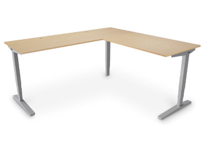Ergonomic UPLIFT L-Shaped Standing Desk with gray frame and Rubberwood Solid Wood Desktop