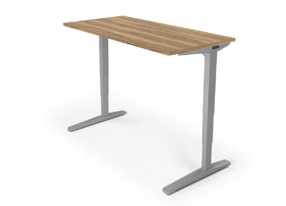 Sit-Stand UPLIFT Desk with gray frame and Uptown Walnut Custom Laminate Desktop