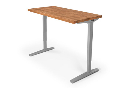 Sit-Stand UPLIFT Desk with gray frame and African Mahogany Solid Wood Desktop