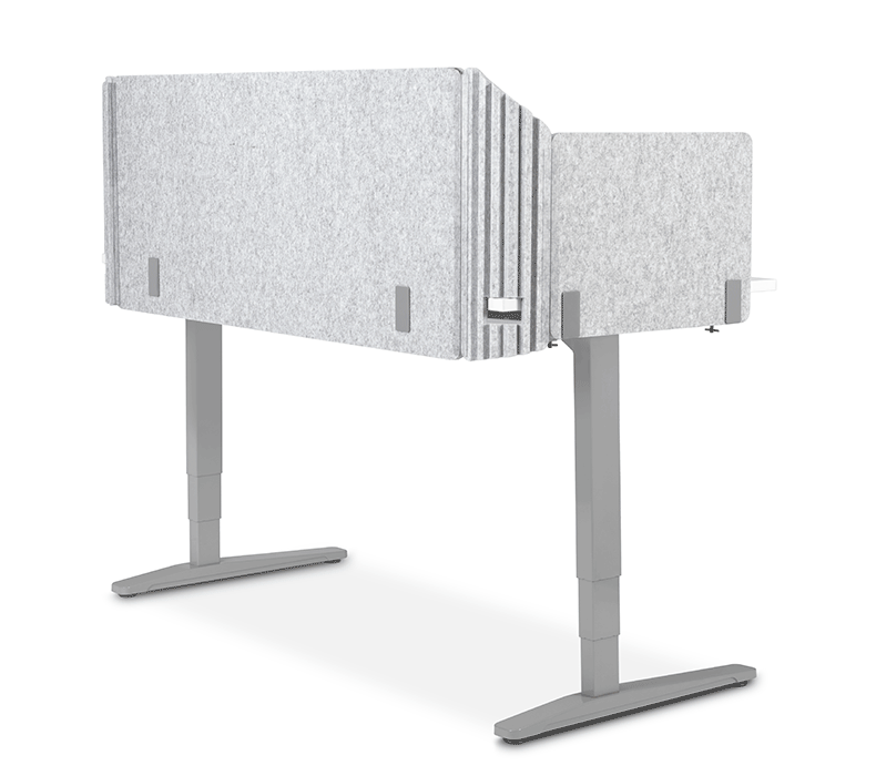 An animation of acoustic privacy panels being installed on a height adjustable desk