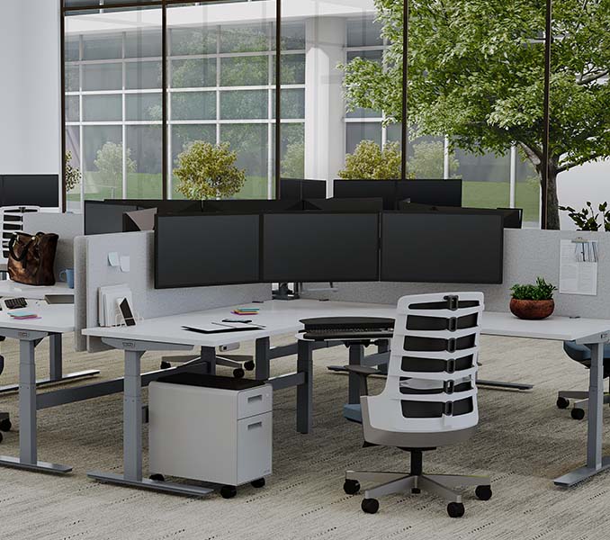 Power and Data Rail Dog-Bone; White Laminate 120-Degree V2 Standing Desk; Acoustic Privacy Panels