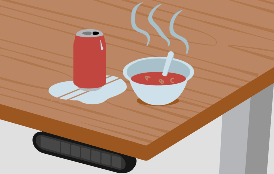 A soda can and hot bowl of soup sit directly on the desktop and cause heat damage