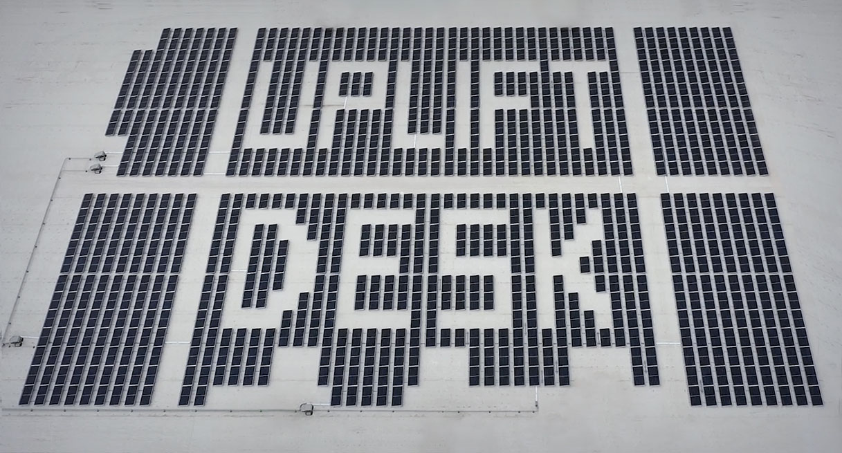 An aerial view of a solar-powered UPLIFT Desk warehouse schematic